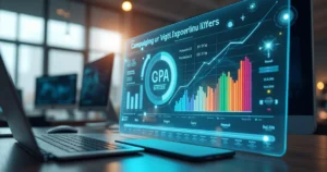 Gráfico digital com análise de custo por aquisição em campanha de marketing digital com elementos de dados e gráficos ao fundo