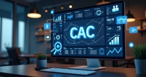 Tela moderna mostrando cálculo detalhado do CAC com gráficos, números e ícones de marketing digital ao redor
