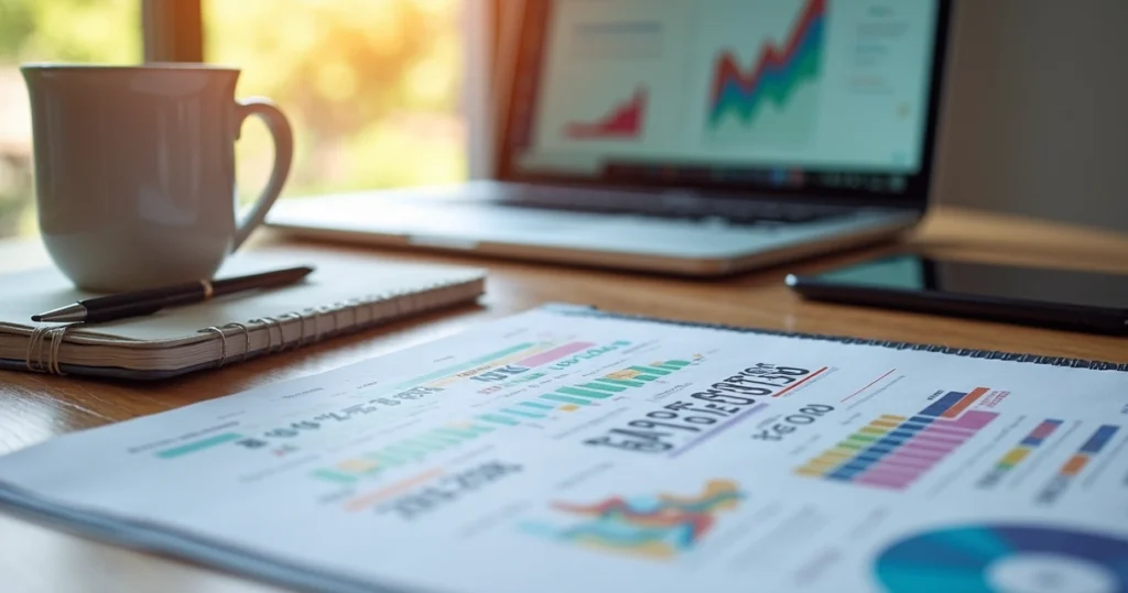 Calendário colorido com as principais datas comemorativas de 2026 destacadas em uma mesa com laptop e material de planejamento