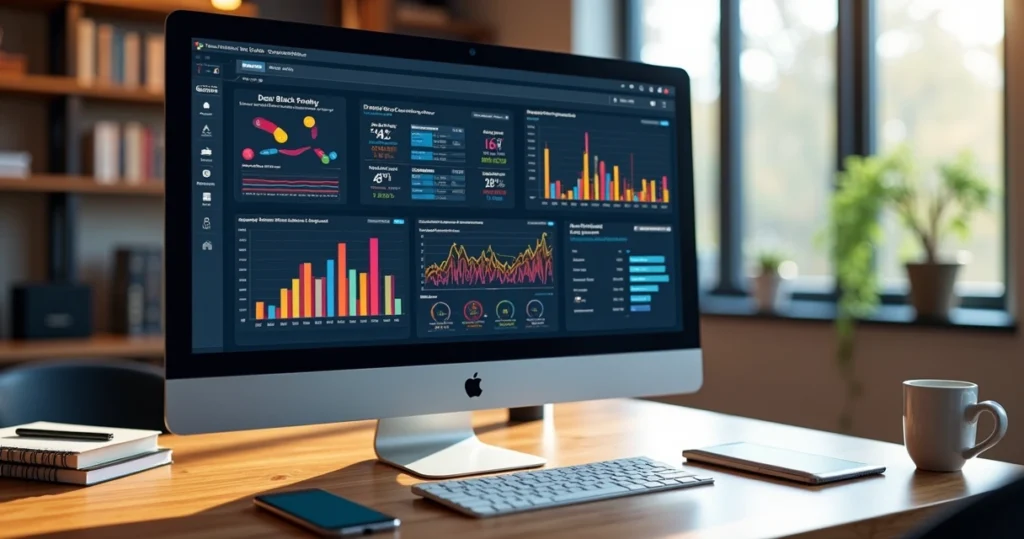 Computador com tela mostrando gráficos de vendas e anúncios digitais de Black Friday
