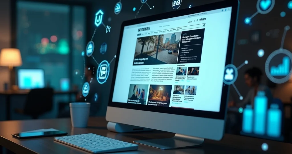 Tela de computador mostrando campanha de Native Ads integrada em site com gráficos e ícones digitais a volta