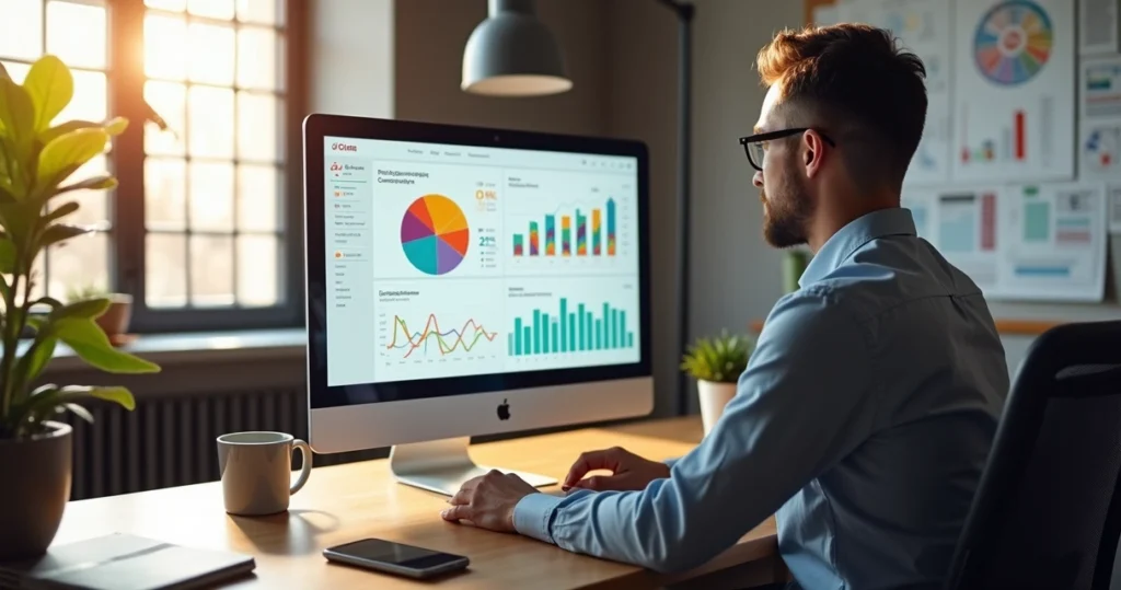 Profissional criando campanha de tráfego pago em computador com gráficos de desempenho na tela