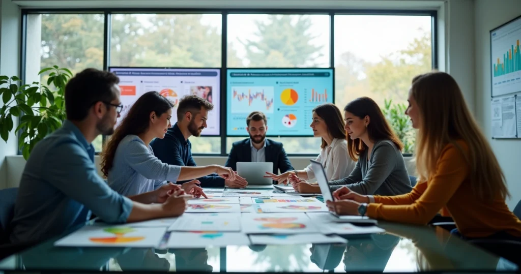 Equipe de marketing digital reunida discutindo estratégia em ambiente moderno e iluminado