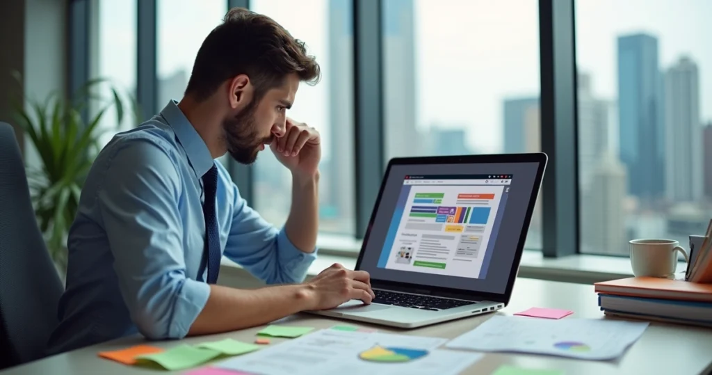 Profissional analisando uma landing page no laptop com anotações de erros e melhorias em post-its coloridos ao redor