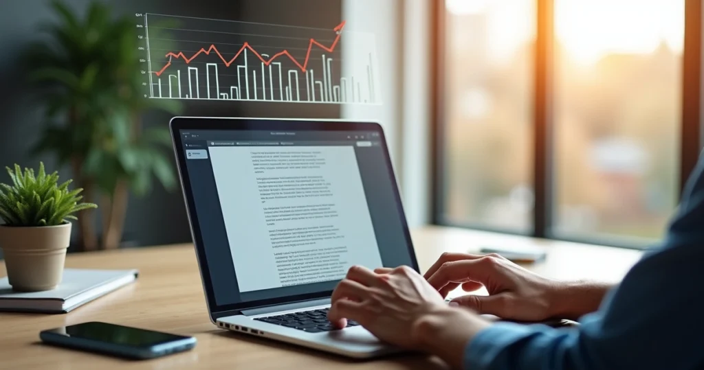 Pessoa escrevendo textos persuasivos em laptop com gráficos de vendas ao fundo
