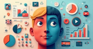 Ilustração dividida mostrando lado esquerdo com elementos do marketing tradicional e lado direito com elementos do marketing moderno