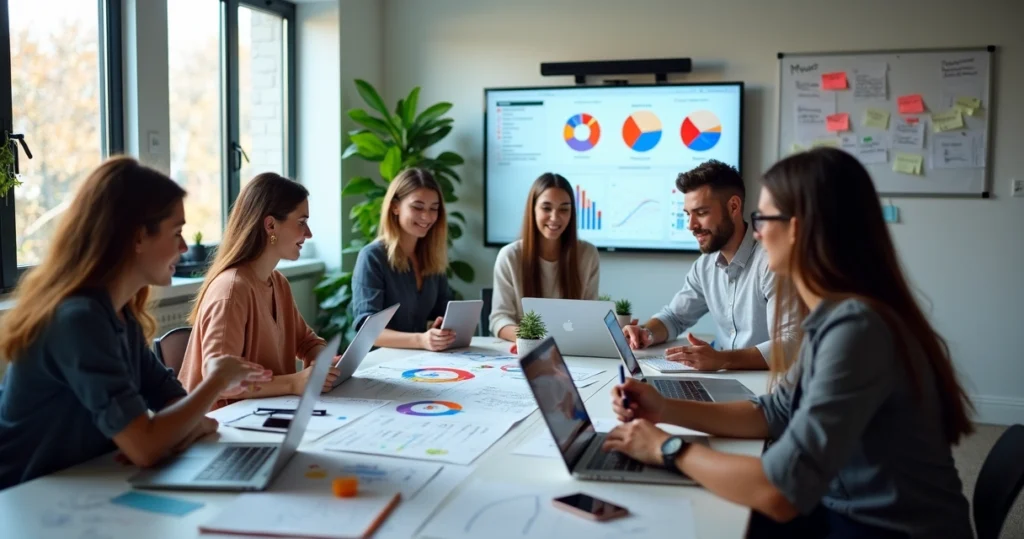 Equipe de profissionais de marketing digital analisando gráficos e estratégias para brand awareness em ambiente de escritório moderno