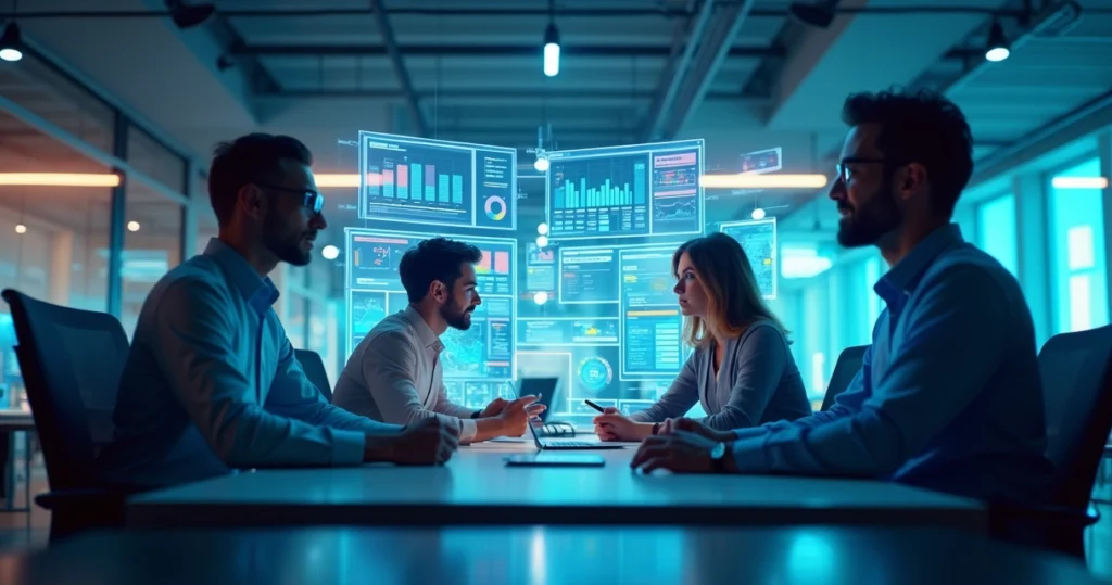 Ilustração realista de profissionais analisando dados de leads em telas digitais ultra-detalhadas com gráficos e fluxos de funil de vendas