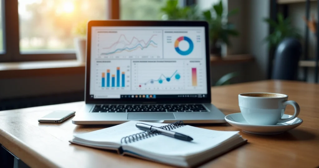 Mesa de trabalho com laptop exibindo gráficos de métricas de marketing digitais, cadernos, caneta e xícara de café ao lado