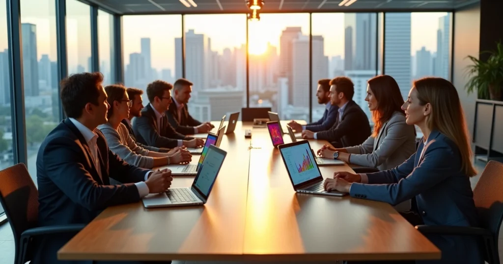 Mesa de reunião com gráficos de crescimento e telas digitais mostrando campanha da Nike