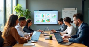 Mesa de reunião com equipe analisando gráficos e dados de marketing em laptops e tablets