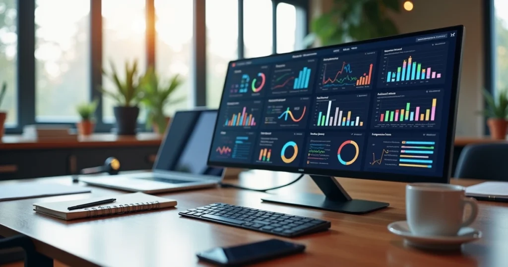 Computador com tela exibindo gráficos e indicadores de marketing digital em sala de reuniões moderna