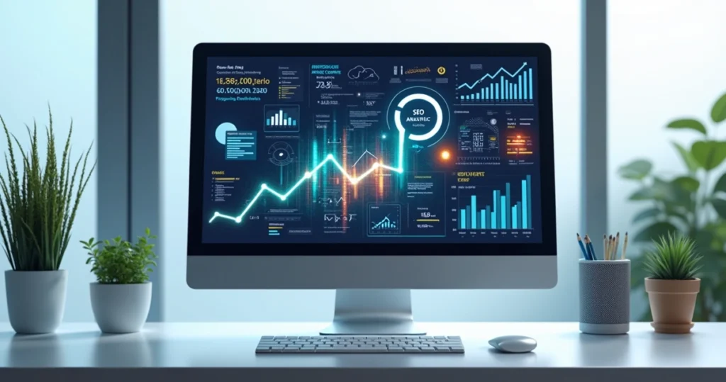 Computador com gráficos de SEO, análise de dados e elementos digitais ao redor