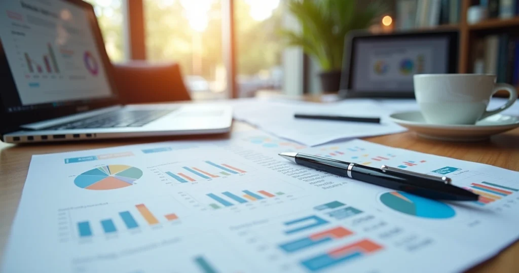 Mesa de escritório com papéis e gráficos de planejamento financeiro para mídia paga em 2026