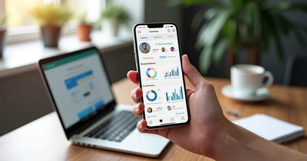 Tela de smartphone mostrando painel de anúncios do Instagram com gráficos de desempenho e público segmentado