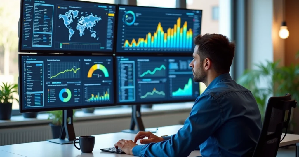 Pessoa analisando gráficos e métricas de marketing em múltiplas telas digitais