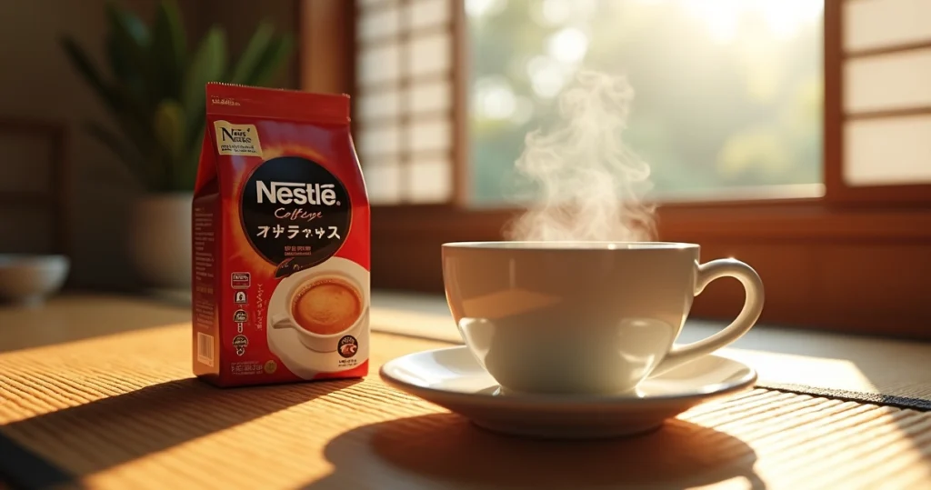 Xícara de café instantâneo ao lado de embalagem de café Nestlé com estilo japonês