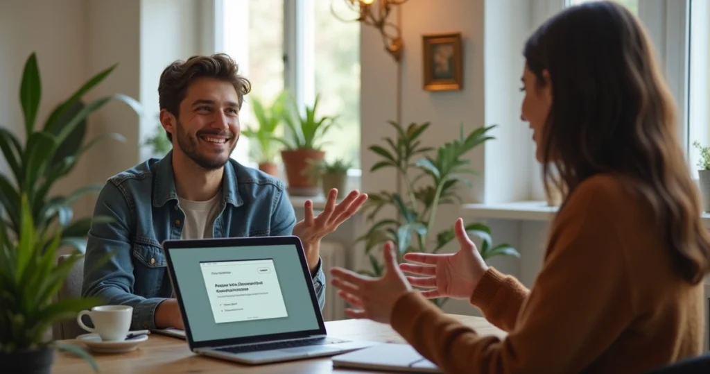 Pessoa em reunião informal falando com outra, transmitindo conversa natural e amigável sobre negócios