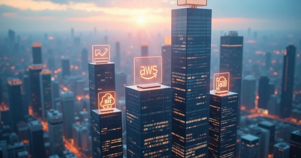 Ilustração detalhada do ecossistema de negócios da Amazon com prédios corporativos modernos e ícones digitais representando e-commerce, cloud computing e streaming