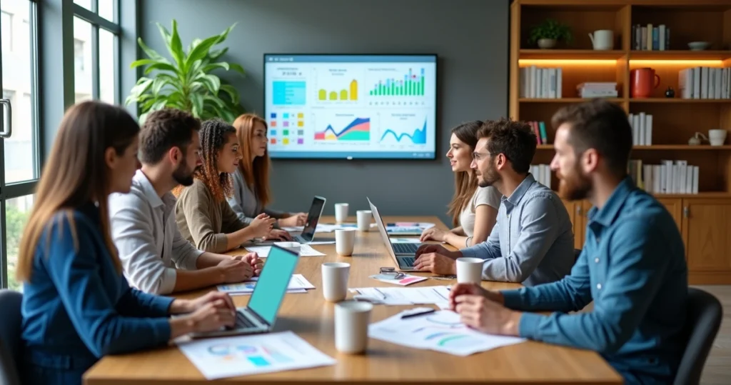 Equipe multidisciplinar reunida em escritório moderno analisando dados para criação de persona
