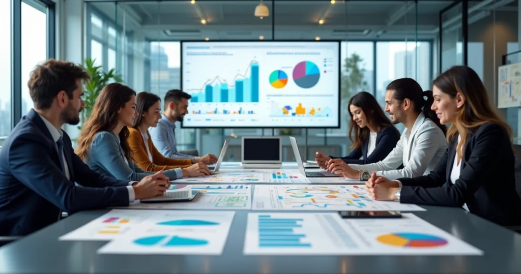 Equipe multidisciplinar reunida analisando gráficos de dados em escritório moderno