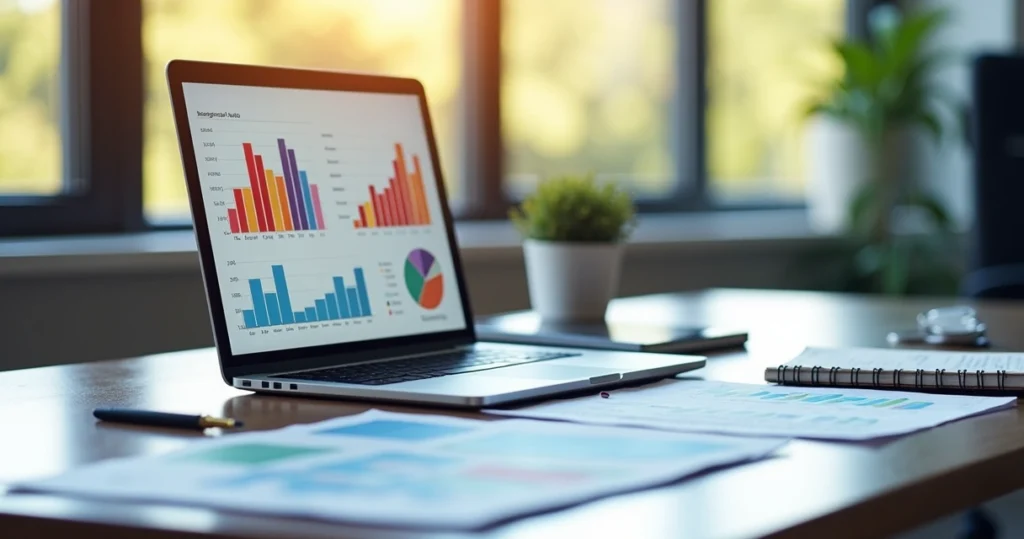 Mesa de escritório com laptop aberto, caderno, caneta e gráficos de marketing em papel ao redor