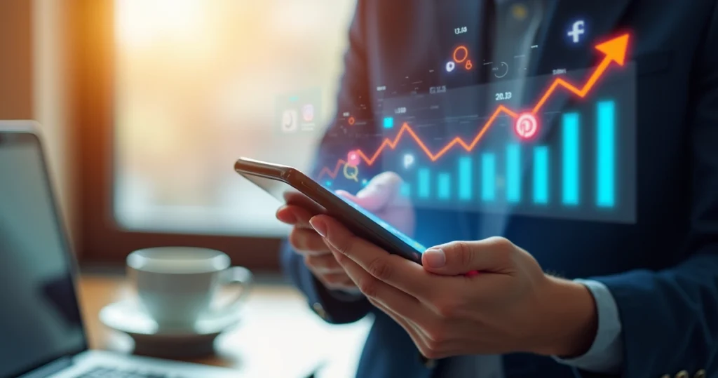 Pessoa usando smartphone para acessar redes sociais com gráficos de crescimento digital ao fundo