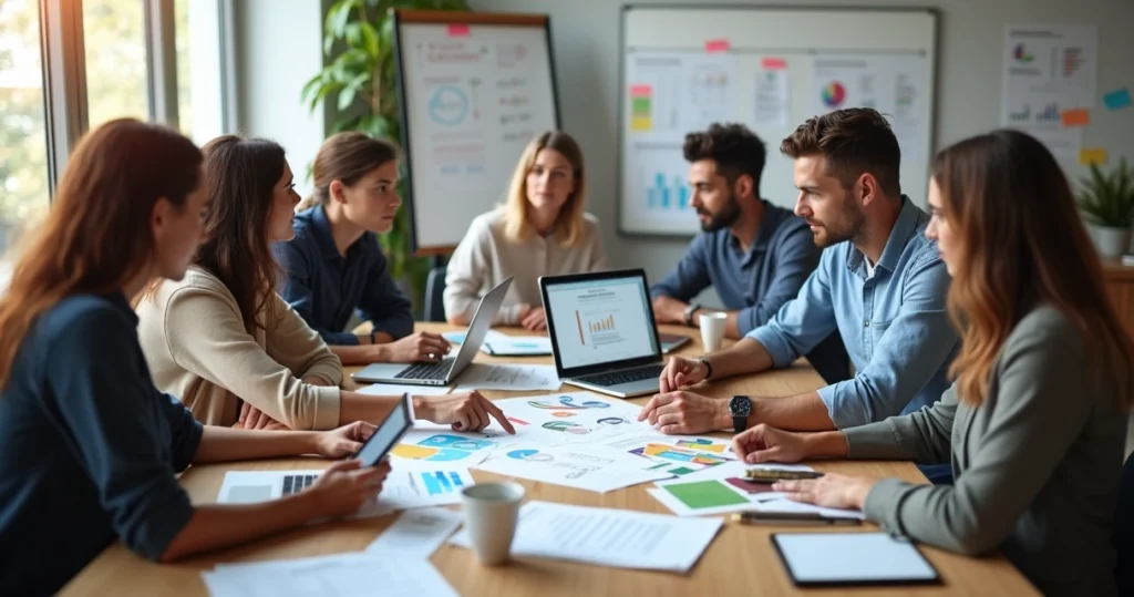 Equipe multidisciplinar em reunião discutindo briefing para campanha de marketing digital, com laptop, anotações e gráficos