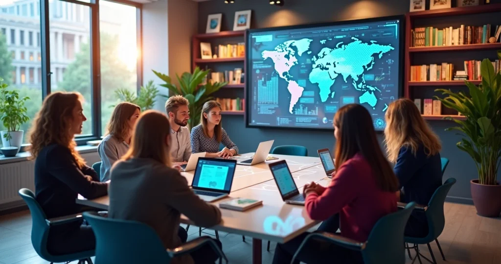 Equipe de marketing digital em reunião colaborativa com gráficos e telas digitais ao redor