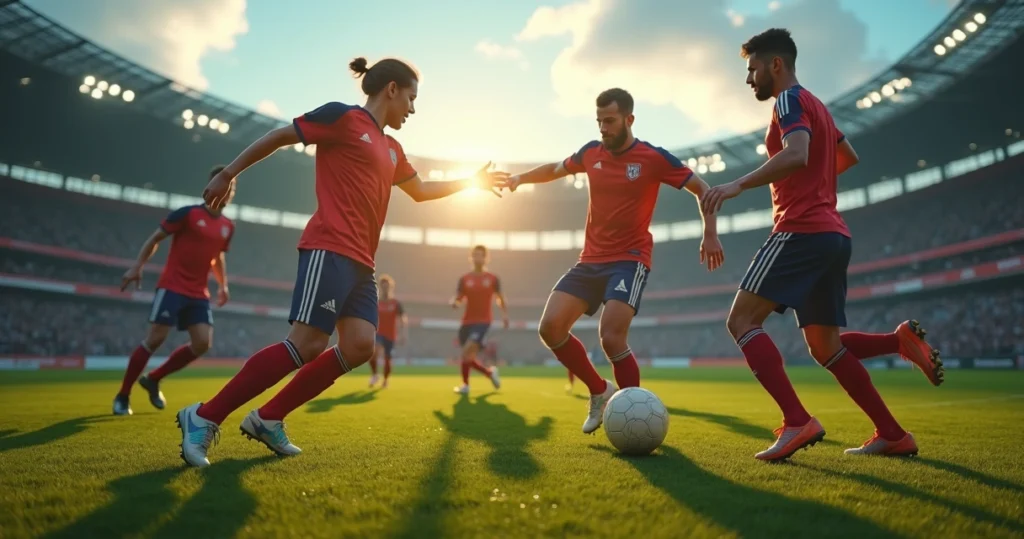 Equipe de marketing reunida como jogadores de futebol em campo, colaborando para o sucesso