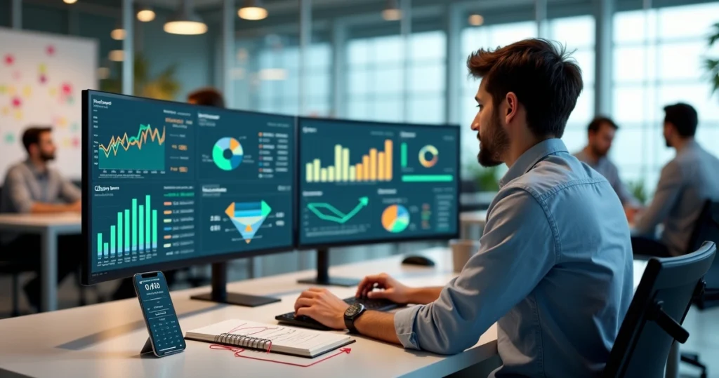 Profissional analisando gráficos coloridos de CAC em tela ampla de computador