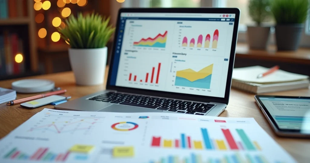 Calendário com ícones coloridos de datas comemorativas ao lado de notebook com gráficos de vendas