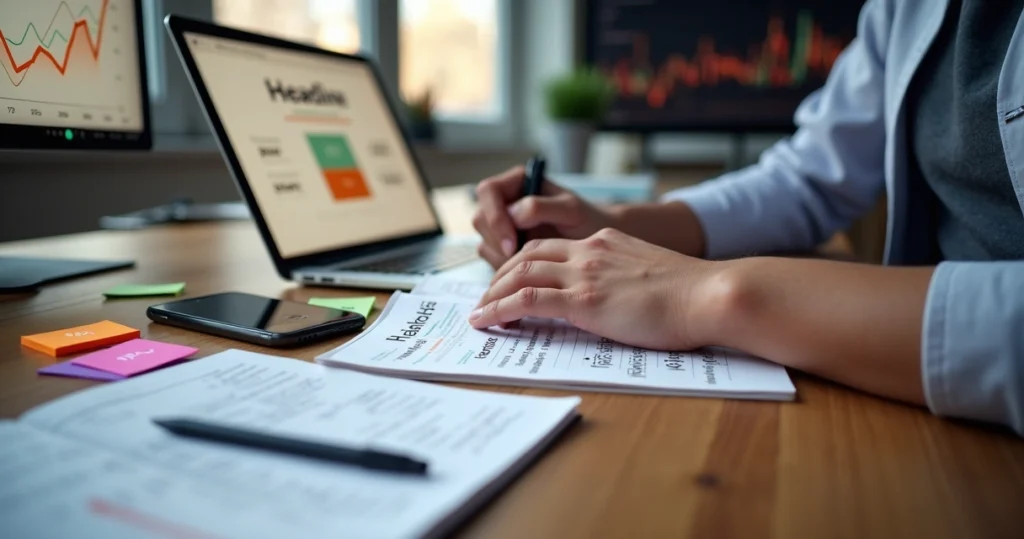 Profissional trabalhando em texto de copywriting com gráficos de vendas em alta na tela do computador