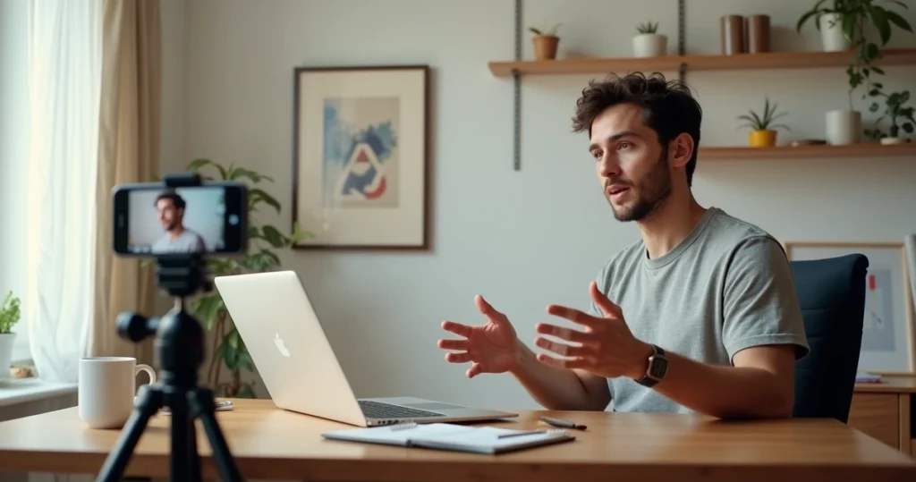 Criador de conteúdo gravando vídeo autêntico em escritório simples e moderno