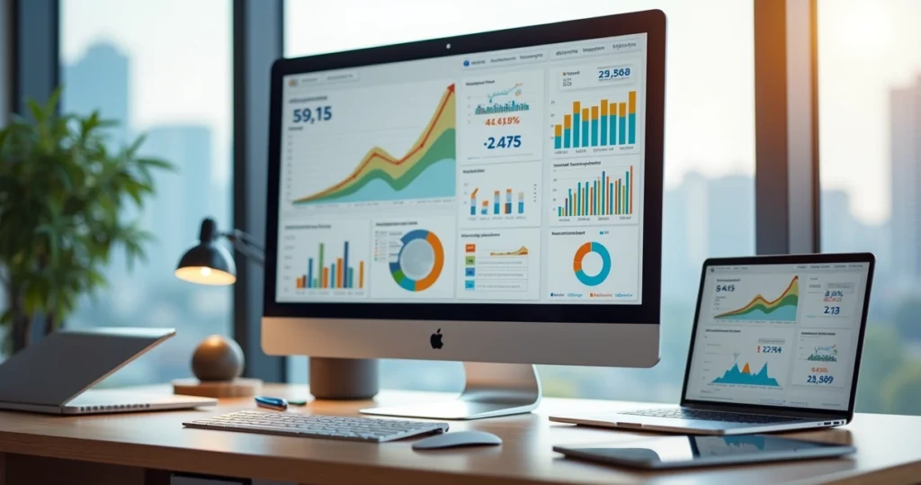 Painel com gráficos de KPIs de marketing digital em tela grande
