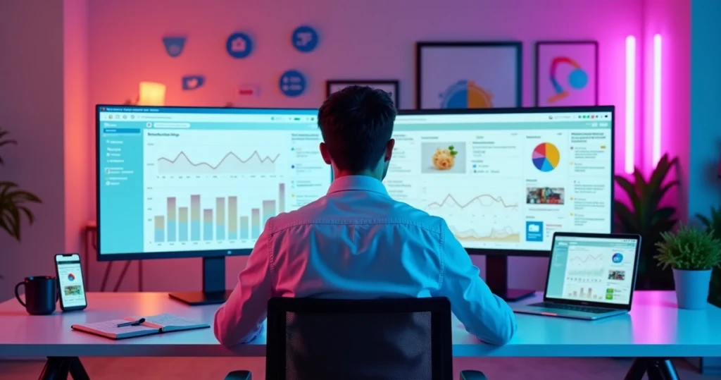 Profissional analisando painel de redes sociais em vários dispositivos