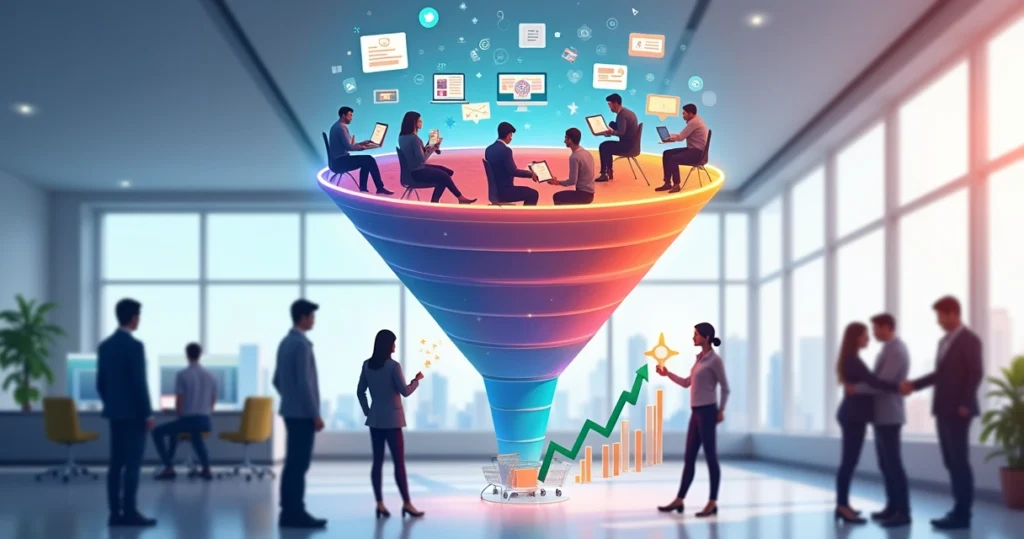 Ilustração realista de funil de vendas digital com pessoas em diferentes etapas