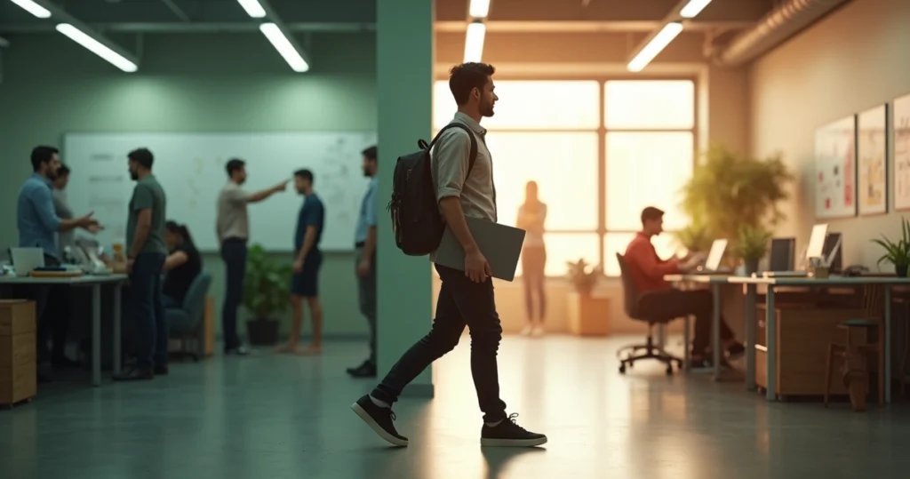 Pessoa caminhando de um ambiente escuro e caótico para outro claro e inspirador