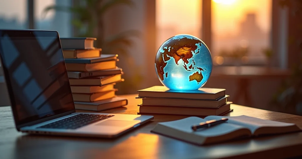 Pilha de livros abertos com um globo iluminado ao centro sobre mesa de madeira