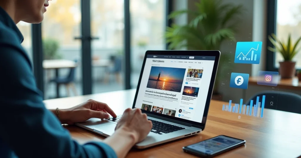 Profissional analisa anúncios nativos integrados em site de notícias em laptop