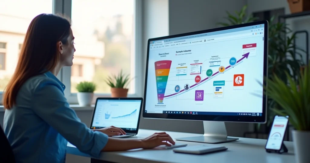 Painel com funil de vendas digital mostrando visitantes retornando ao site por anúncios personalizados