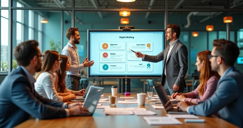 Equipe de marketing em reunião analisando briefing digital em tela grande
