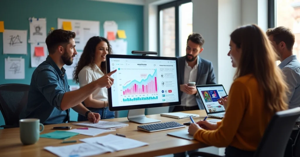 Equipe de marketing analisando painel digital com métricas de brand awareness