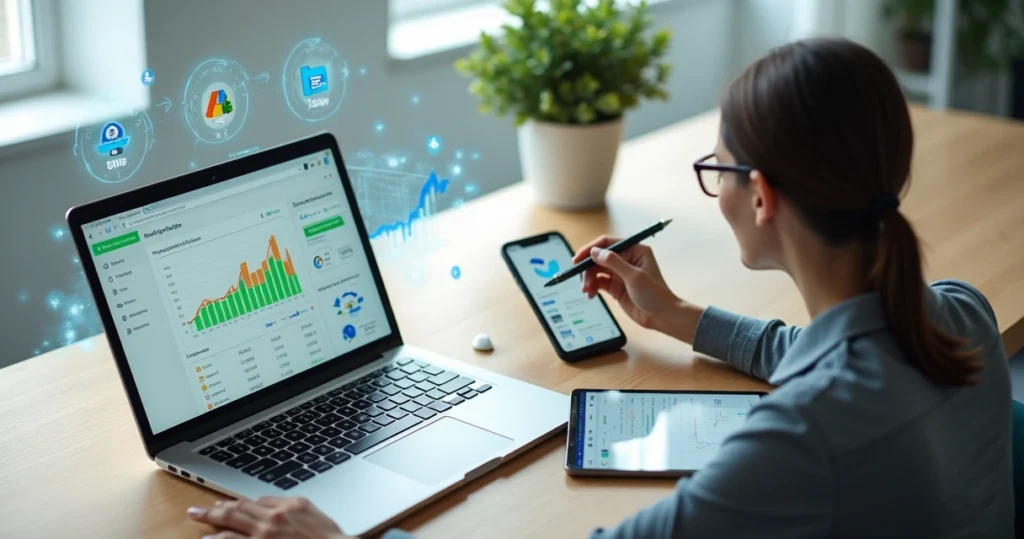 Empresária analisando gráficos de tráfego pago em vários dispositivos digitais