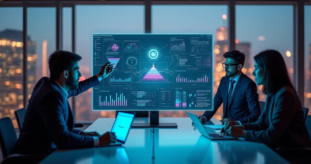 Dashboard de marketing com equipe analisando dados preditivos em escritório moderno