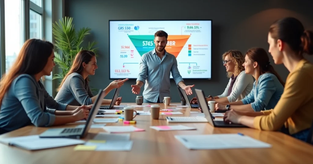 Equipe de marketing e vendas alinhando estratégias em reunião com gráficos na tela