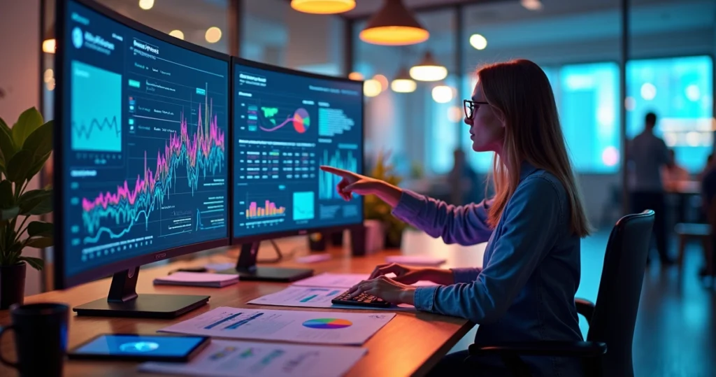 Profissional analisando dados de comportamento em dashboard colorido