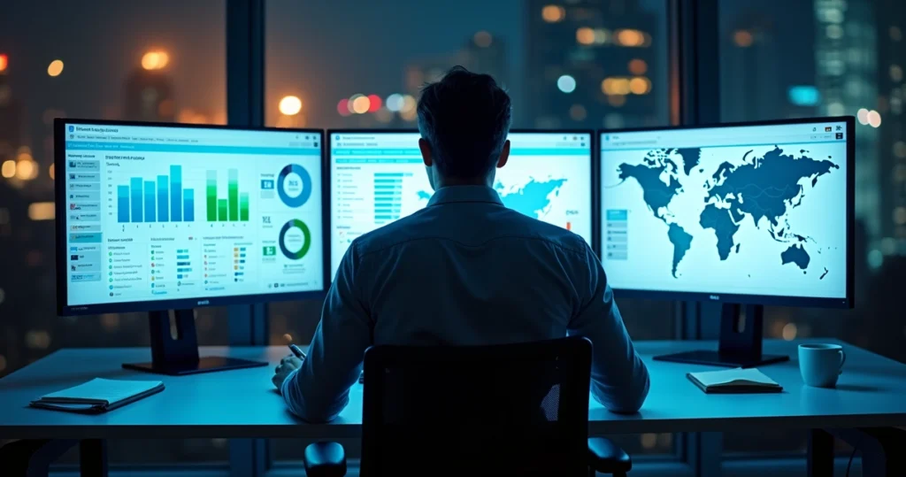 Profissional analisando dashboards de mídia programática em múltiplas telas