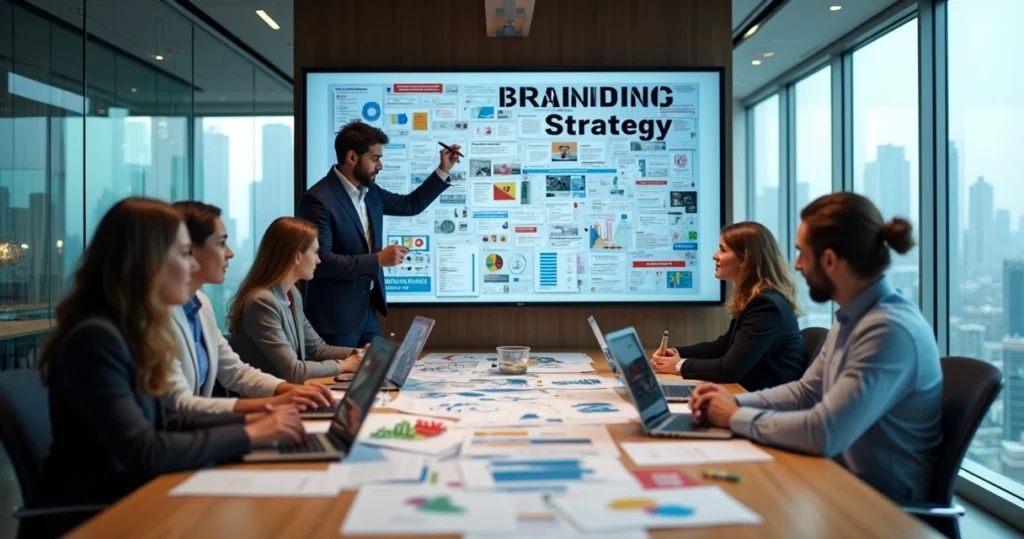 Equipe de marketing B2B analisando marca e estratégia em reunião moderna