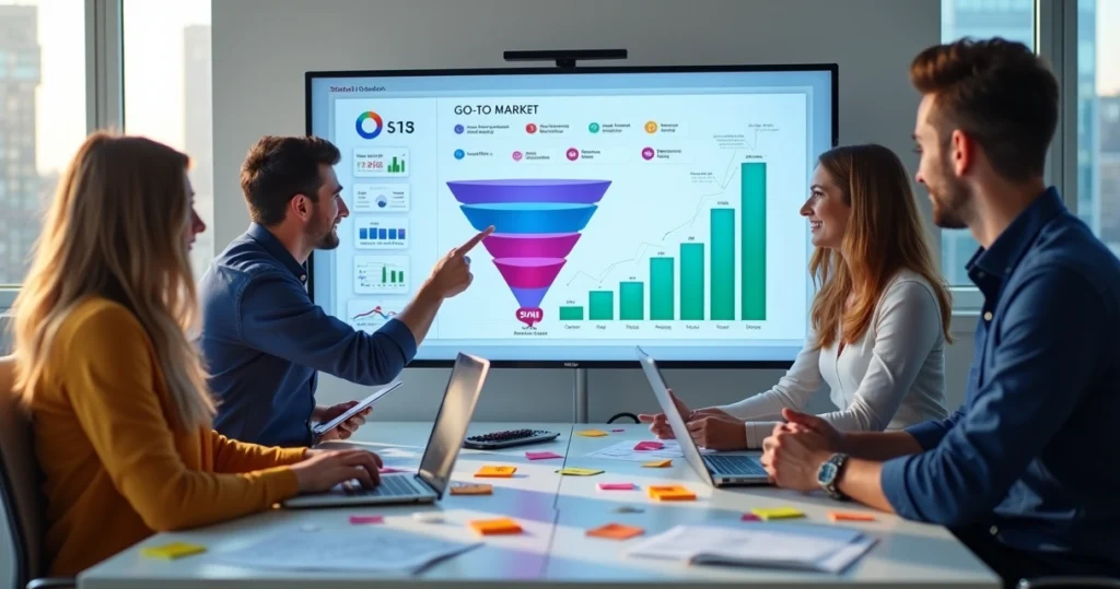 Equipe analisando painel digital com funil de vendas e gráficos de crescimento